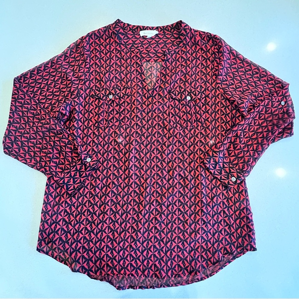 Vince Camuto Sheer Geometric Patterned Red & Black Women's Top Size Large